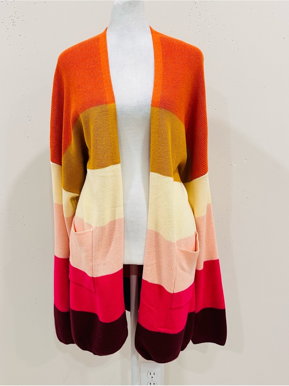 Heimish Orange and Burgundy Colorblock Chunky Knit Sweater Cardigan 1XL/2XL NWT